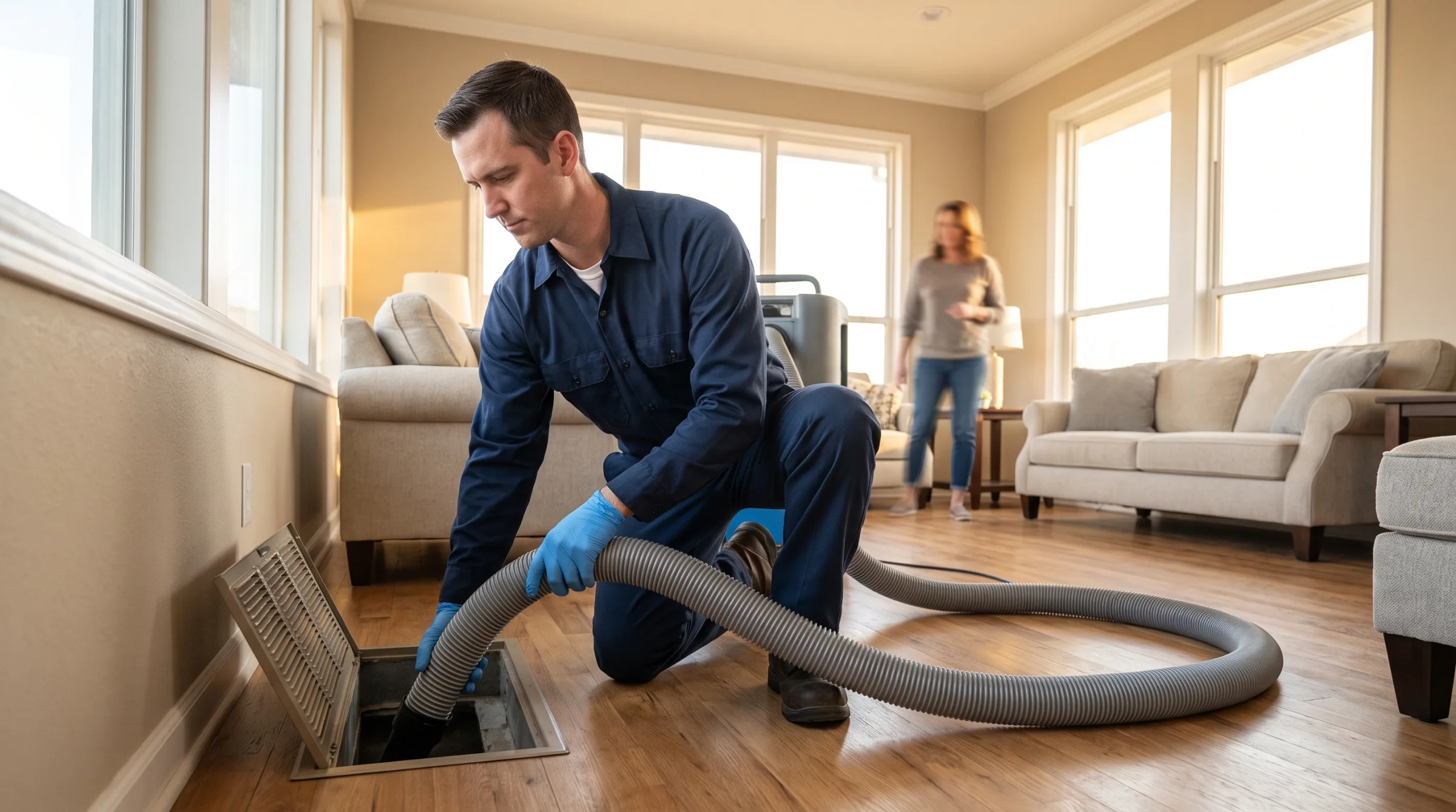 Air duct cleaning technician vacuuming a floor supply vent in an Enid, Oklahoma home